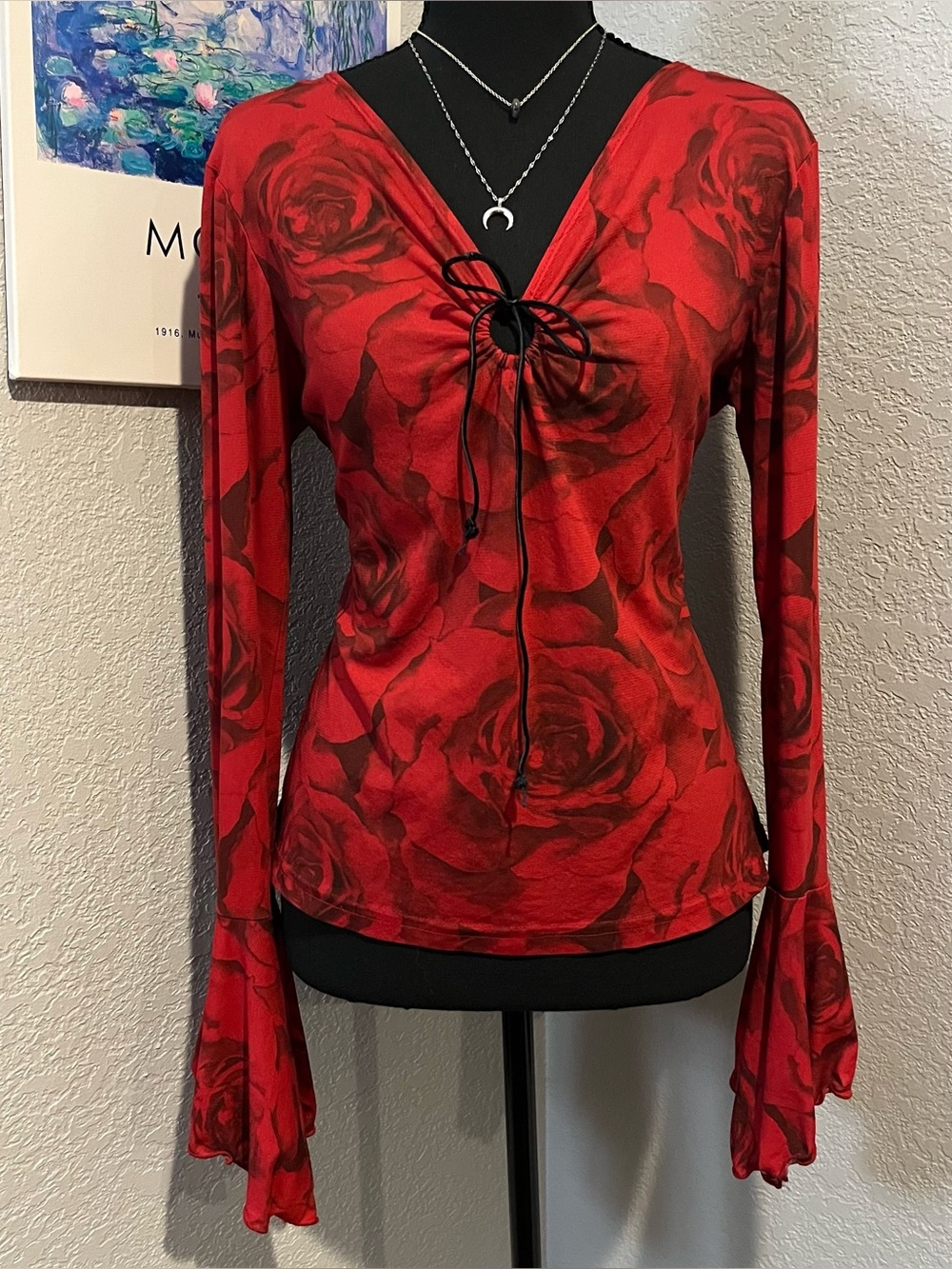 Y2K Fashion Bug Red rose bell sleeve blouse with tie front detail